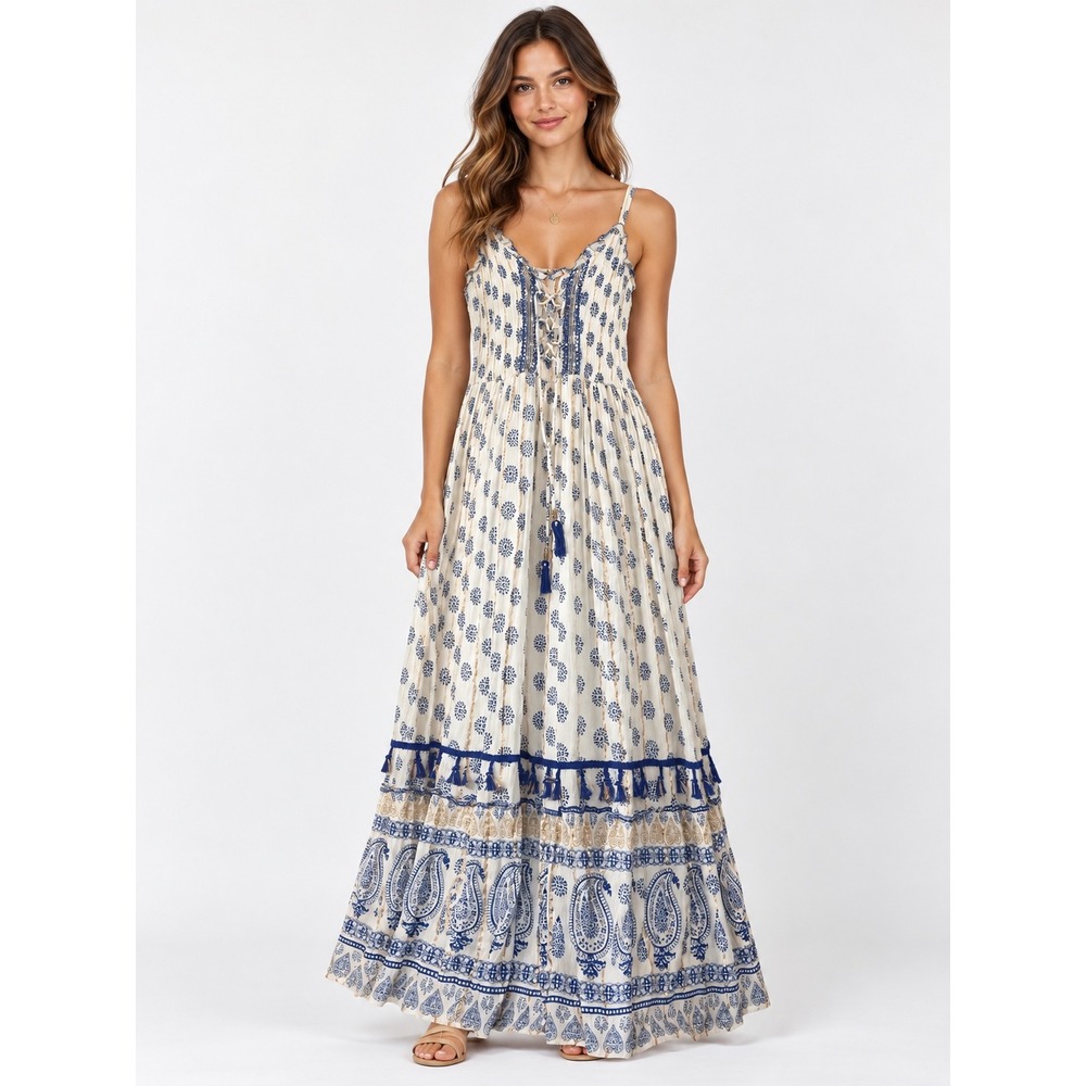 Me 2 Magic Maxi Dress Womens Medium White Blue Paisley Boho Tassel Viscose